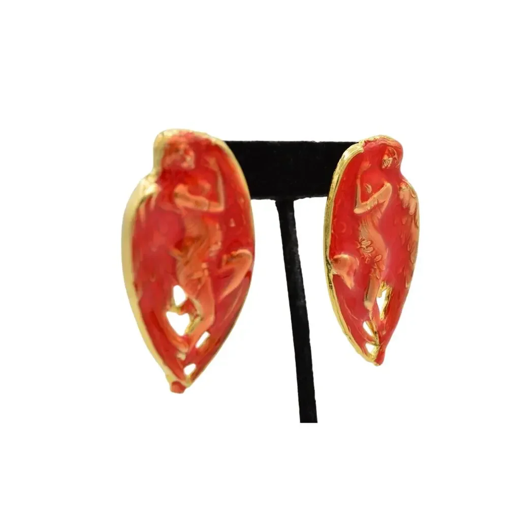 Vintage Abstract Artistic Angel Earrings Red Gold Enamel Metal Chunky NOS 80s 9L